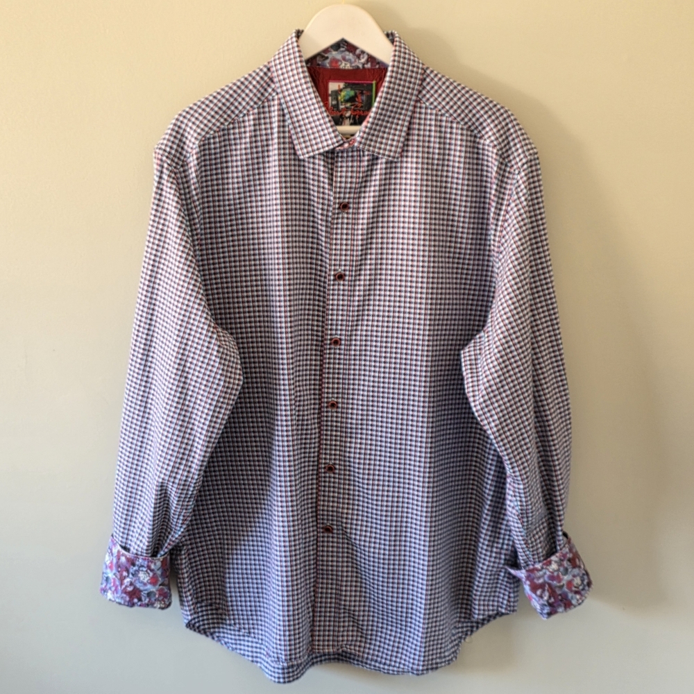 Robert Graham XXL Gingham Houndstooth Flip Cuff Dress Shirt Retro Eclectic Artsy